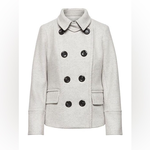Banana Republic Melton Gray White Striped Peacoat Coat Wool Blend Jacket Double - Picture 1 of 4